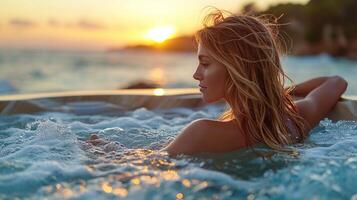 Woman relaxing in a hot tub overlooking a serene sunset. Perfect for wellness, relaxation, and vacation themes. photo