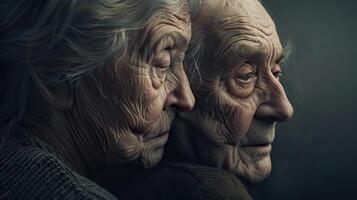 An elderly couple looks out the window, their faces are lined with age and they are both wearing thoughtful expressions. photo