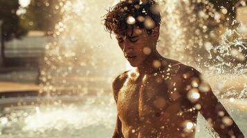 takes a dip in the fountain to cool off on a hot summer day. photo