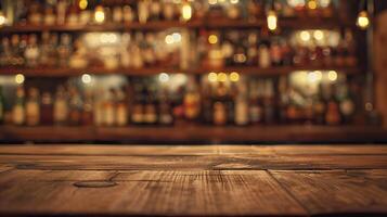 Cozy bar interior with wooden counter and shelves filled with bottles, creating a warm and inviting atmosphere. Perfect for nightlife scenes. photo