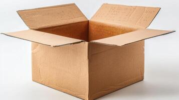 An open cardboard box on a white background, perfect for shipping, storage, and packaging themes in commercial use. photo