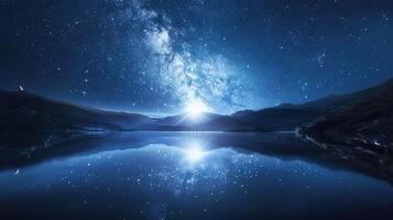 Beautiful starry night sky with the Milky Way galaxy reflected on a calm lake, surrounded by mountains serene and captivating scene. photo