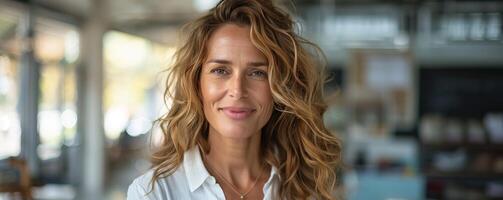 A photo of a beautiful woman smiling.