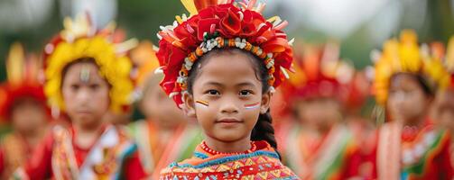 Group of children participating in traditional dances, wearing elaborate costumes, Cultural Festivals in Remote Areas, editorial photography, empty copy space on the right photo