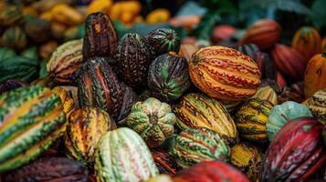 cacao vainas, el Fruta de el cacao árbol, son usado a hacer chocolate, cacao polvo, y cacao mantequilla foto