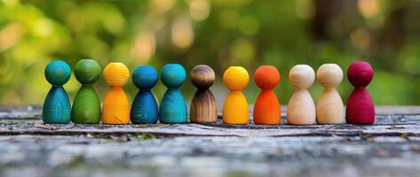 A group of colorful wooden peg dolls lined up on a wooden table against a blurred background of green leaves. photo