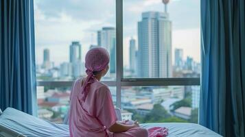 woman in a pink headscarf, sitting on a hospital bed and looking out the window at the cityscape photo