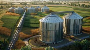 grain elevator, which is used to store and distribute grain. The grain elevator is located in a rural area, and is surrounded by fields of grain. photo
