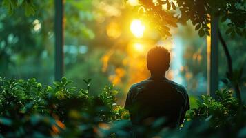 Man sitting in lush green garden during sunrise, enjoying serene nature and tranquility. Peaceful moment captured in natural surroundings. photo