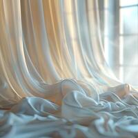 Elegant draped fabric cascading in soft folds with sunlight streaming through a window, creating a serene and luxurious atmosphere. photo