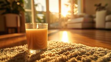 A lit candle on a beige carpet in a blurry living room with sunlight shining through the windows. photo