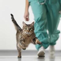 A tabby cat confidently walking towards the camera in a veterinary clinic with a vet in green scrubs in the background. photo