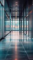 Modern, glass-walled corridor with reflective floor tiles and soft lighting, emphasizing sleek architecture and contemporary design. photo