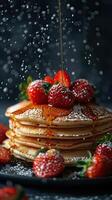 A decadent stack of pancakes topped with fresh strawberries and drizzled in maple syrup. photo