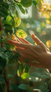 Close-up of a hand gently touching green leaves in soft sunlight, evoking a sense of calm and connection with nature. photo