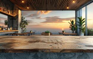 Modern rooftop bar with sunset view, wooden table in foreground, indoor plants, and panoramic windows creating cozy atmosphere. photo
