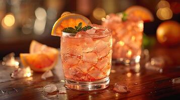 Refreshing summer cocktail with orange slices and ice cubes on a wooden table, perfect for a sunset drink. photo