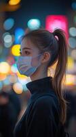 A young woman with a ponytail, wearing a mask in a busy city street, the background softly blurred with vibrant evening lights, modern and contemplative photo