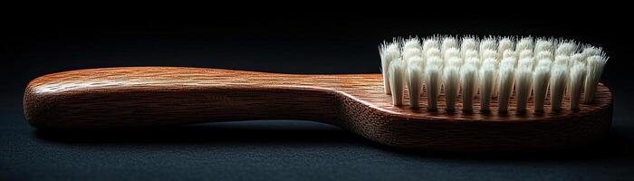 A handcrafted wooden brush with white bristles, contrasted against a dark, moody background, capturing a sense of timeless utility and elegance photo