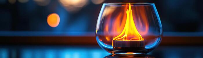 A controlled flame blazing inside a clear glass vessel, reflecting warm orange and yellow hues in a dark setting, symbolizing energy and intensity photo