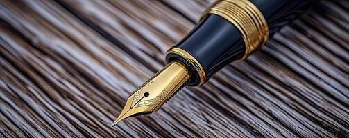 A luxurious fountain pen with a golden nib resting on a rustic wooden surface photo
