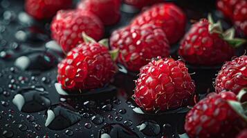 Close-up image of fresh, ripe raspberries with water drops on a black background. photo