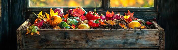 Autumn compost heap in a weathered wooden box, with brightly colored, decaying produce and leaves, sunlight highlighting the natural process, earthy and sustainable photo