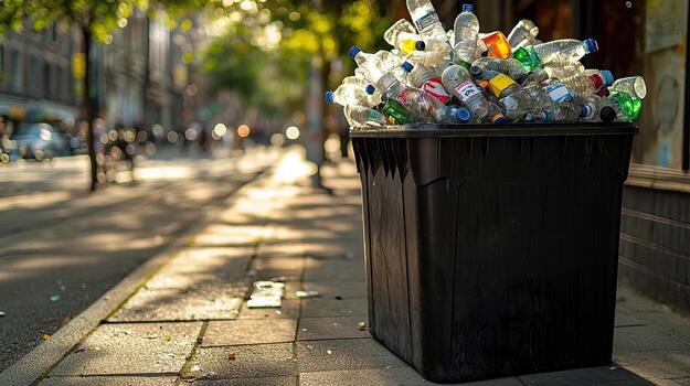 A black bin overflowing with empty plastic bottles, positioned on a sunlit sidewalk, symbolizing the challenge of plastic waste in urban environments photo