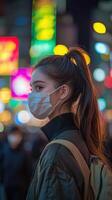 A young woman with a ponytail, wearing a mask in a busy city street, the background softly blurred with vibrant evening lights, modern and contemplative photo
