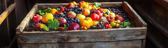 Autumn compost heap in a weathered wooden box, with brightly colored, decaying produce and leaves, sunlight highlighting the natural process, earthy and sustainable photo