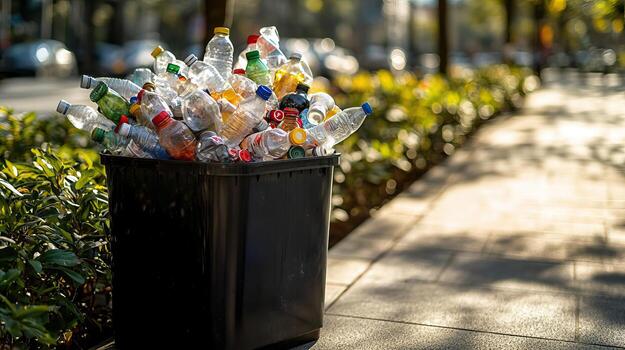 A black bin overflowing with empty plastic bottles, positioned on a sunlit sidewalk, symbolizing the challenge of plastic waste in urban environments photo