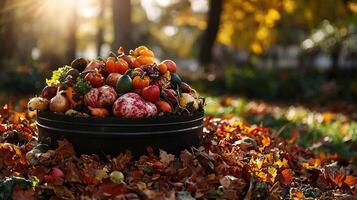 A garden compost bin filled with rotting vegetables and fruit, bathed in warm autumn sunlight, surrounded by fallen leaves, eco-friendly and vibrant photo