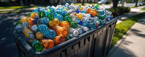 A full recycling bin on the side of a suburban street, filled with plastic bottles of different shapes and colors, a snapshot of everyday recycling efforts photo