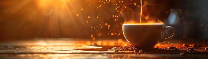 An elegant, dimly lit shot of a single coffee drip into a ceramic mug, the warm ambient light enhancing the intimacy of the moment, panoramic negative space above for minimalist te photo