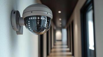A detailed shot of a modern security camera mounted on the ceiling of a hallway The camera is sleek and contemporary in design photo