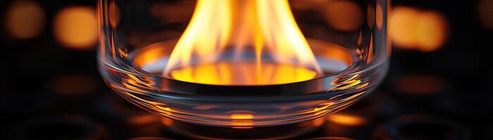 A controlled flame blazing inside a clear glass vessel, reflecting warm orange and yellow hues in a dark setting, symbolizing energy and intensity photo
