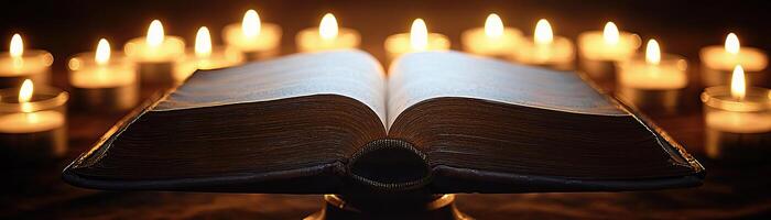 An ancient blank book open on a stand, illuminated by the soft, flickering light of surrounding candles, suggesting an aura of history and secrets, mystical and serene photo