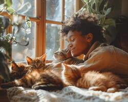 A young person enjoys a cozy afternoon with multiple cats lying on a blanket near a sunlit window surrounded by plants. photo
