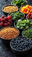 A rainbow of healthy ingredients including berries, lentils, and greens, artistically arranged in bowls on a dark, textured surface, symbolizing balanced and vibrant nutrition photo