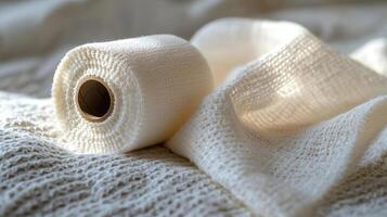 A roll of medical gauze resting on a textured cloth, with soft light casting gentle shadows, symbolizing care and healing, delicate and soothing photo