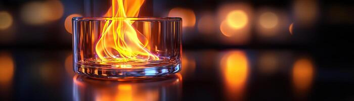 A controlled flame blazing inside a clear glass vessel, reflecting warm orange and yellow hues in a dark setting, symbolizing energy and intensity photo