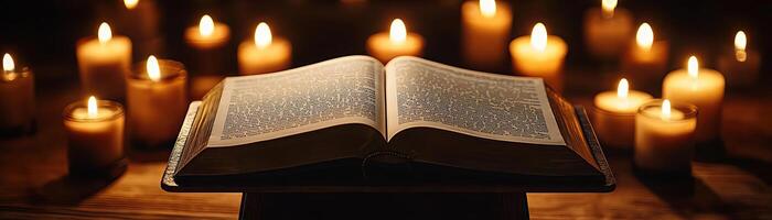 An ancient blank book open on a stand, illuminated by the soft, flickering light of surrounding candles, suggesting an aura of history and secrets, mystical and serene photo