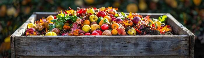 Autumn compost heap in a weathered wooden box, with brightly colored, decaying produce and leaves, sunlight highlighting the natural process, earthy and sustainable photo