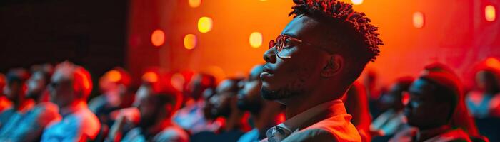 Focused audience member at a conference, with warm lighting and blurred background, showcasing engagement and attention during a public event. photo