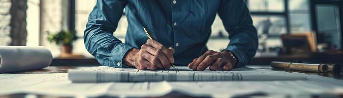 A contemporary, clean setup with a fashion designer tracing patterns on drafting paper, simple and unadorned, set against a sleek, grey background, wide space above for editorial c photo