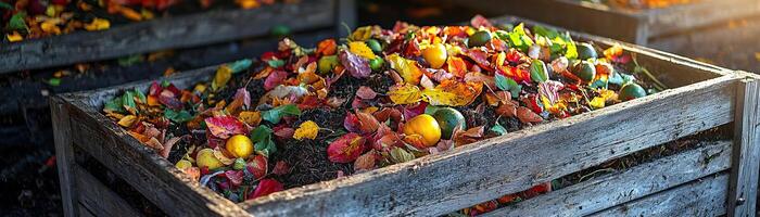 Autumn compost heap in a weathered wooden box, with brightly colored, decaying produce and leaves, sunlight highlighting the natural process, earthy and sustainable photo