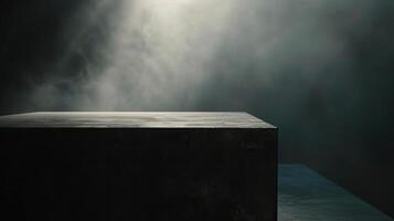 Closeup of a dark, smoke enshrouded podium, the texture of the surface barely visible through the fog photo