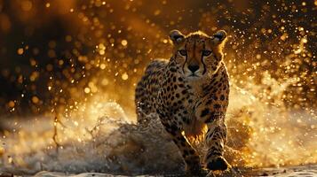 Majestic cheetah running through water with golden light and splashes, showcasing speed and power in nature's beauty. photo