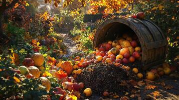 An overflowing compost bin with decomposing fruits and vegetables, set in a sunlit garden during fall, showcasing the cycle of life and renewal, vibrant and organic photo