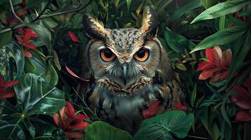 Close-up of an owl with bright orange eyes surrounded by lush green foliage and red flowers, creating a vibrant nature scene. photo
